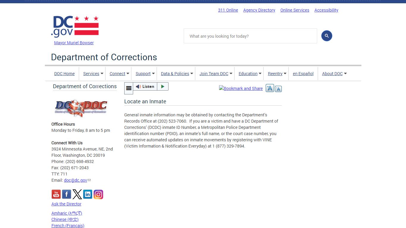 Locate an Inmate | doc - Washington, D.C.