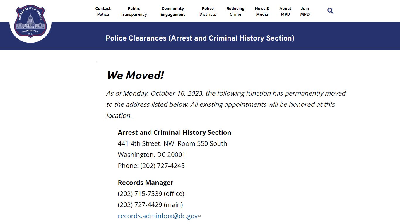 Police Clearances (Arrest and Criminal History Section) - mpdc